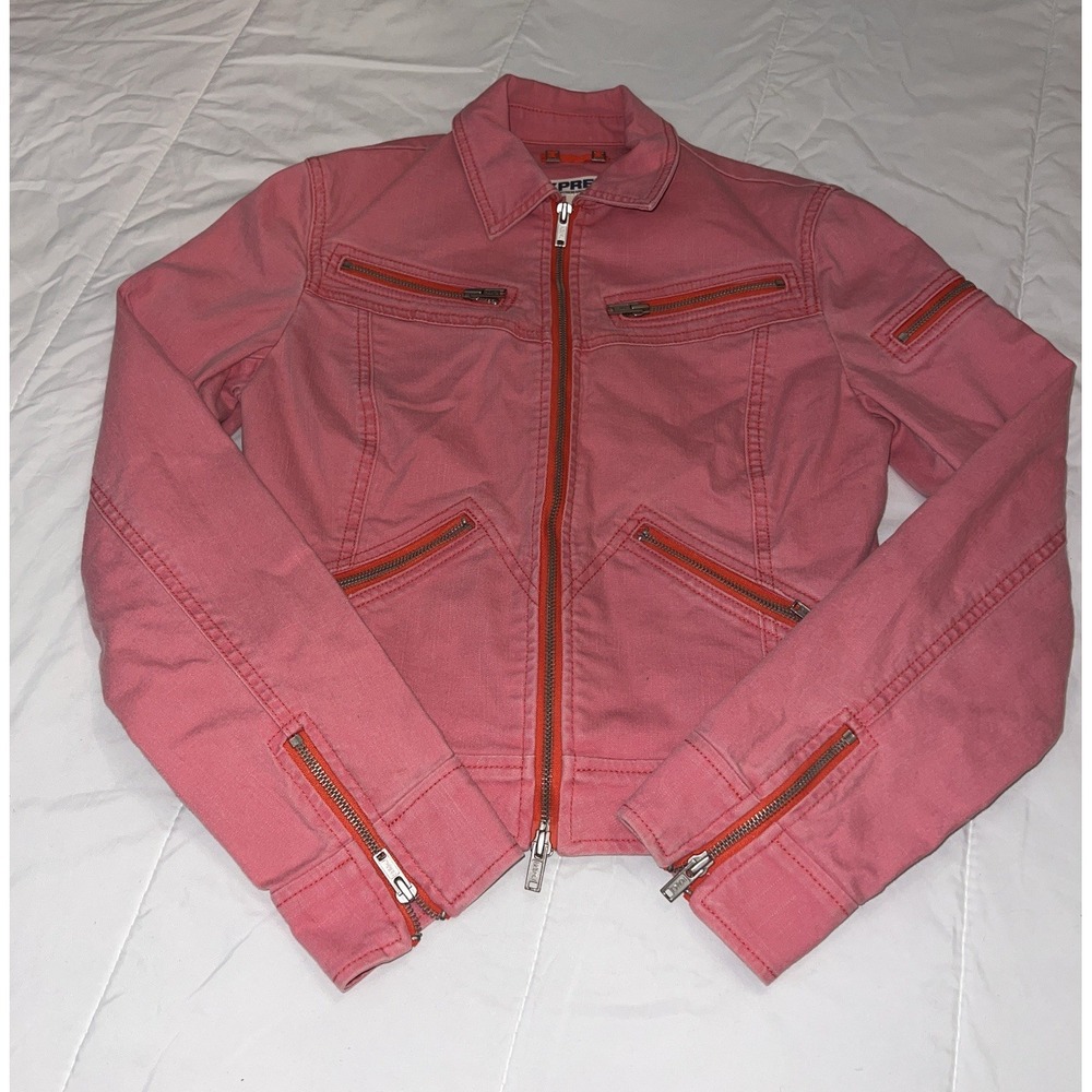 Vintage Y2K Express Bright Pink Denim Moto Jacket Full Zip M